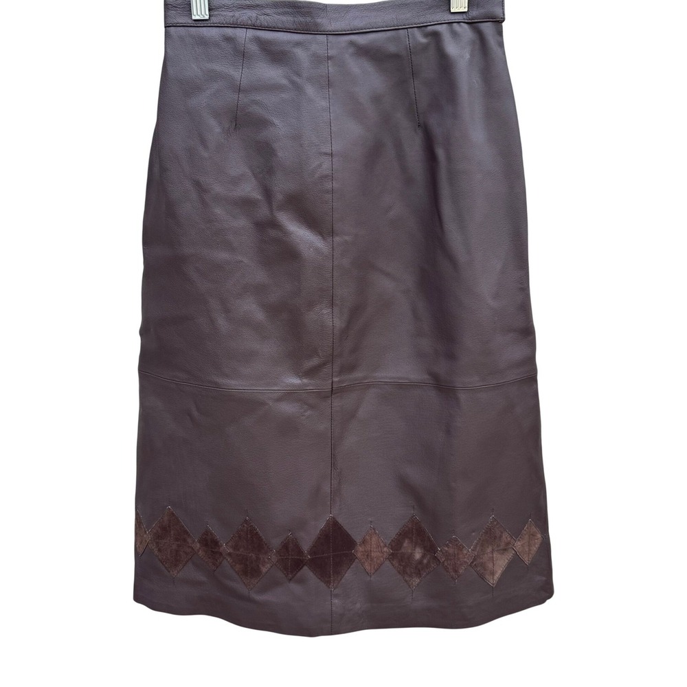 Terry‎ Lewis Boho Leather Midi Skirt Diamond Suede Patchwork Hem Brown Womens 6